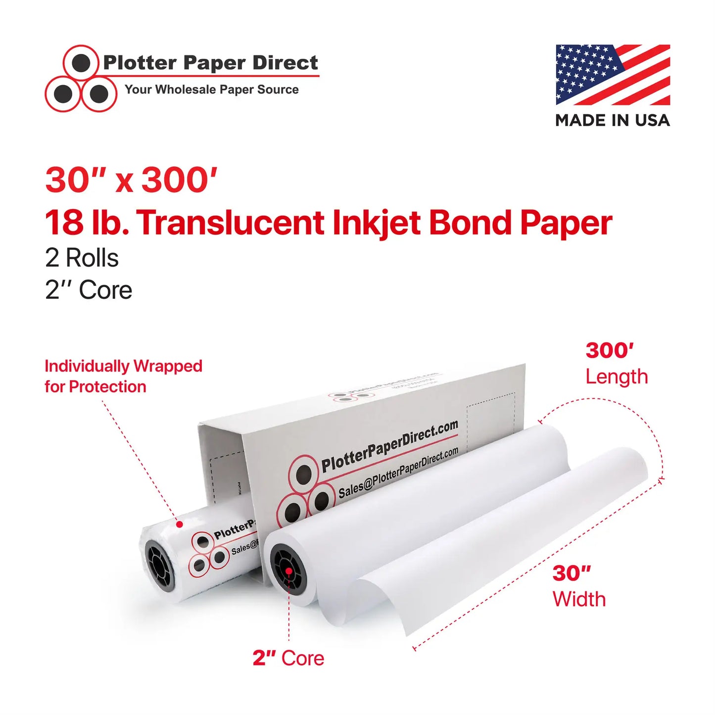 (2) 30'' x 300' Rolls - 18# Translucent Bond - 2'' Core