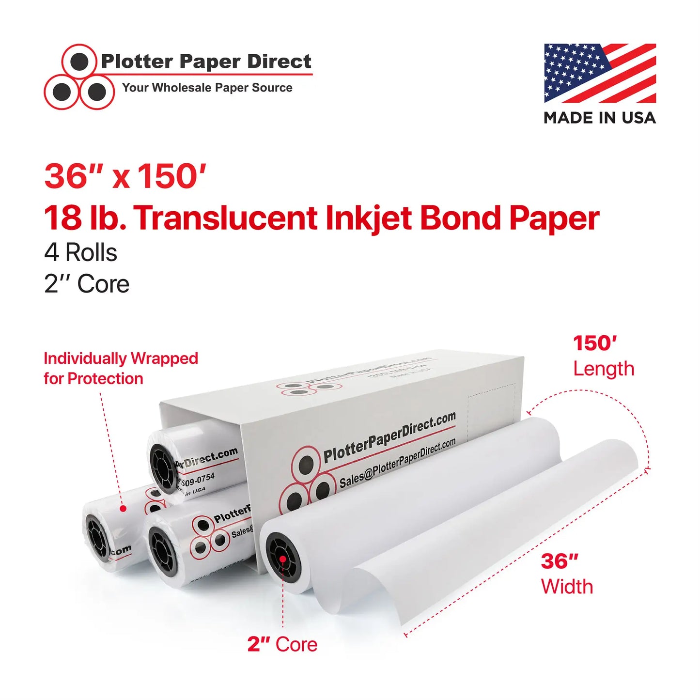 (4) 36'' x 150' Rolls - 18# Translucent Bond - 2'' Core