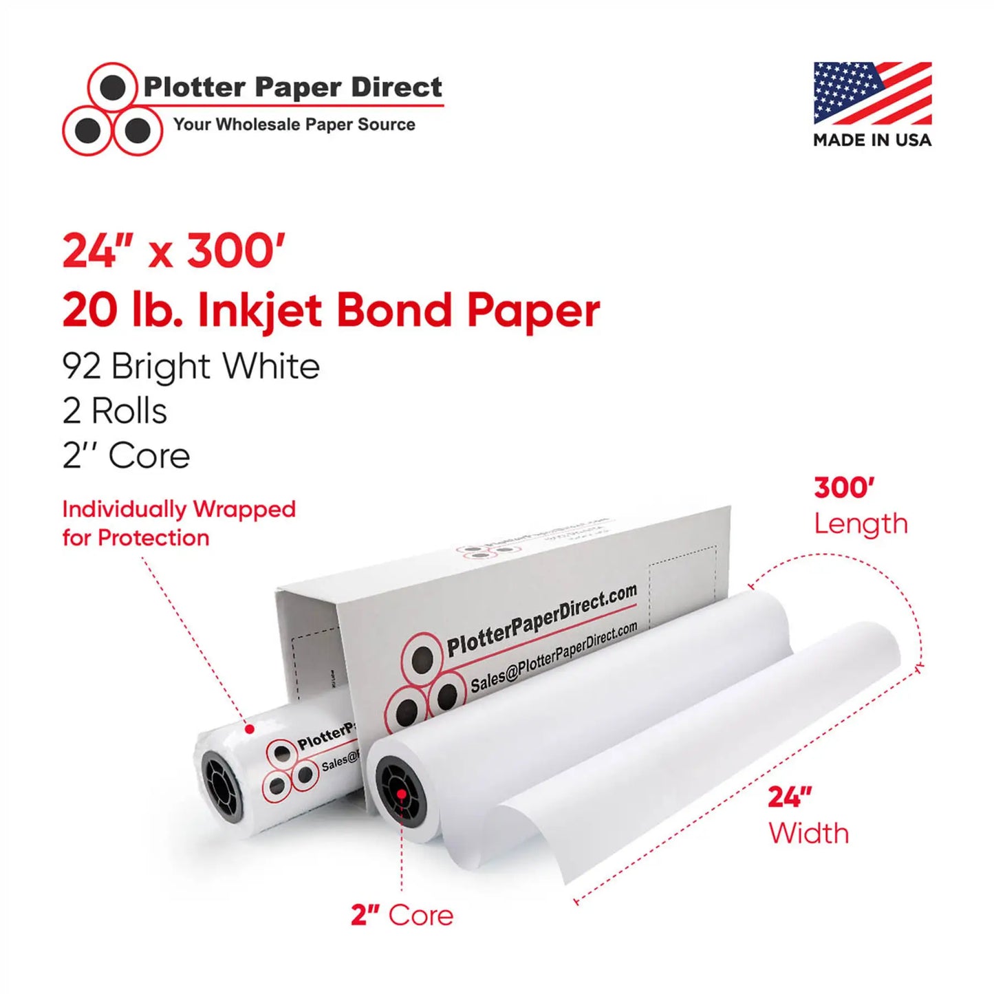 (2) 24'' x 300' Rolls - 20# Plotter Paper - 2'' Core