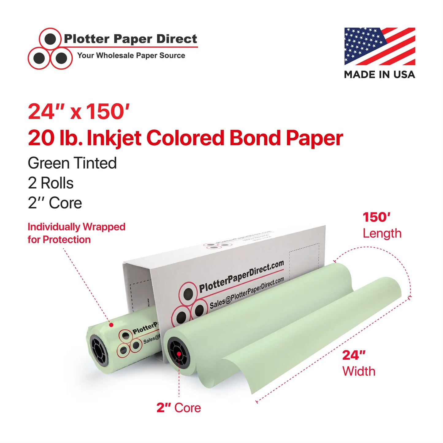 24'' x 150' Rolls - 20 lb Green Tinted/Colored Bond Plotter Paper on 2'' Core (Pack of 2)