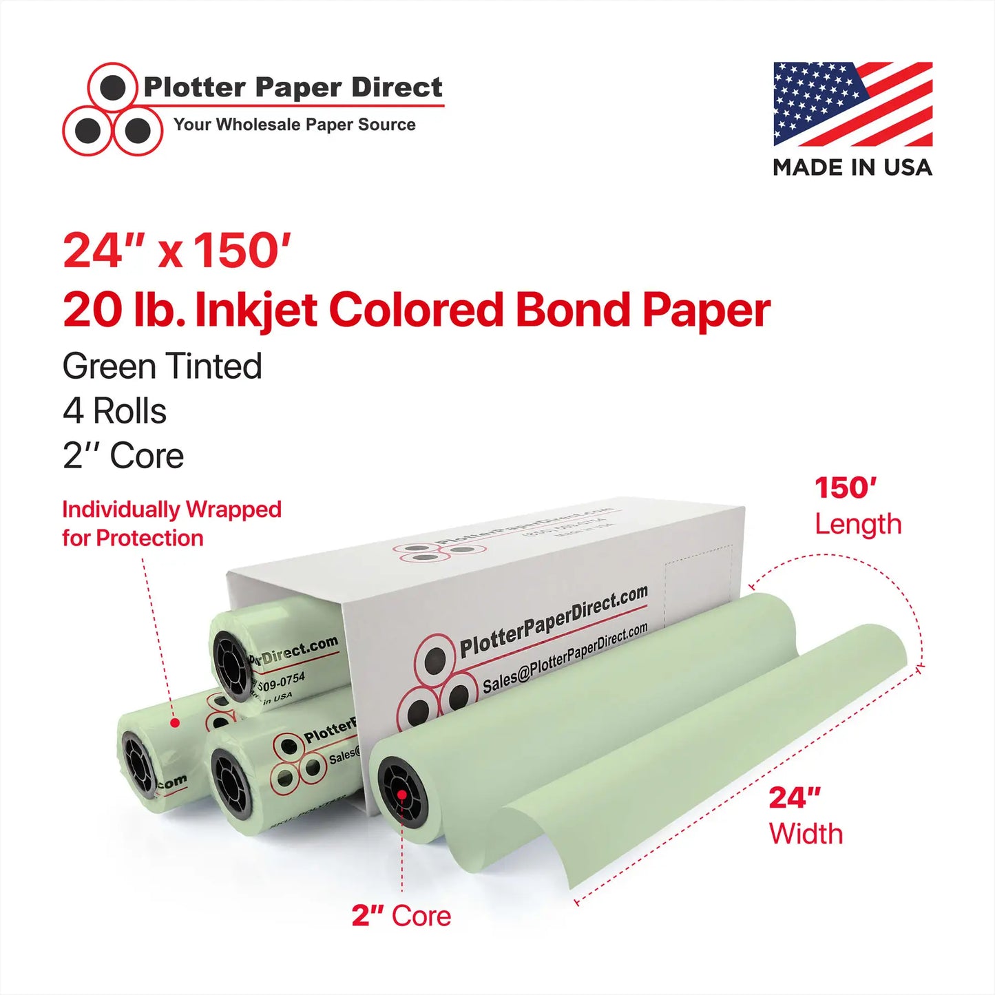 (4) 24'' x 150' Roll - 20# Green Tinted/Colored Bond - 2'' Core