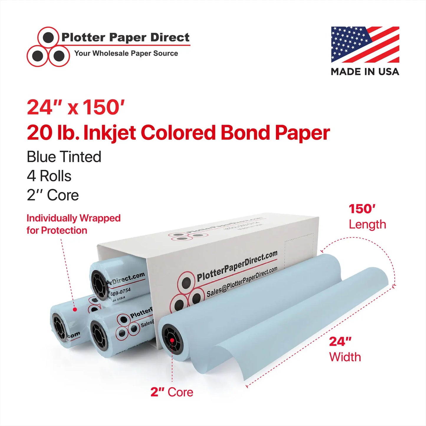 24'' x 150' Rolls - 20 lb Blue Tinted/Colored Bond Plotter Paper on 2'' Core (Pack of 4)