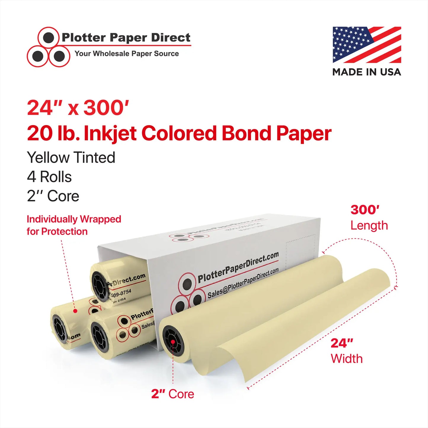 24'' x 300' Rolls - 20 lb Yellow Tinted/Colored Bond Plotter Paper on 2'' Core (Pack of 4)