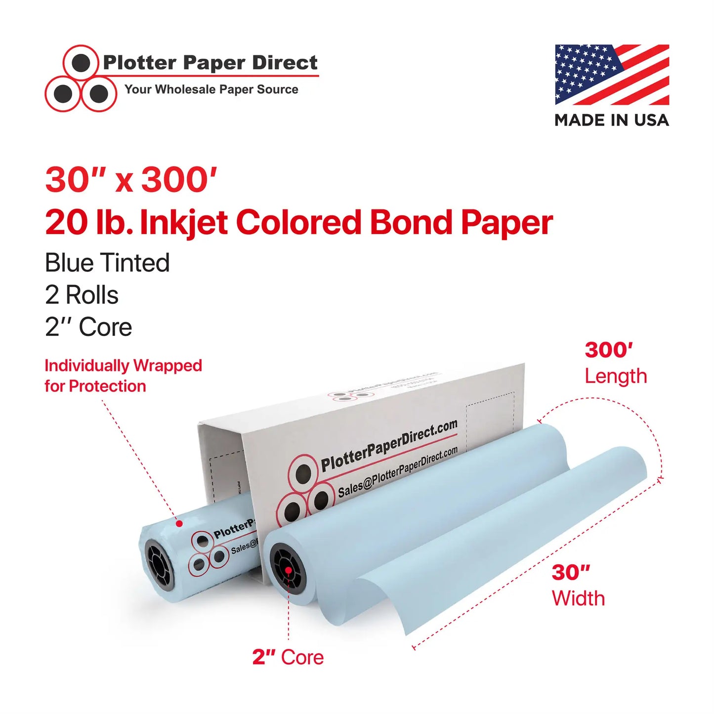 30'' x 300' Rolls - 20 lb Blue Tinted/Colored Bond Plotter Paper on 2'' Core (Pack of 2)