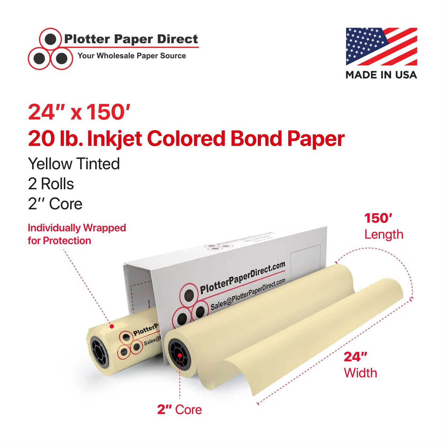 24'' x 150' Rolls - 20 lb Yellow Tinted/Colored Bond Plotter Paper on 2'' Core (Pack of 2)