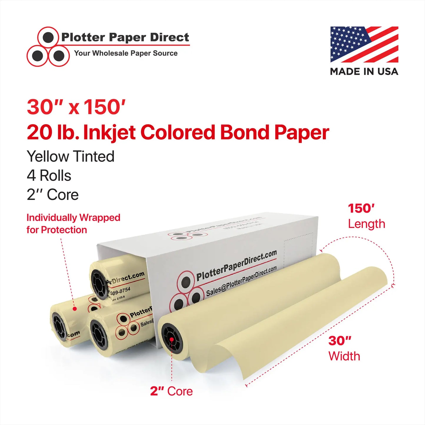 30'' x 150' Rolls - 20 lb Yellow Tinted/Colored Bond Plotter Paper on 2'' Core (Pack of 4)