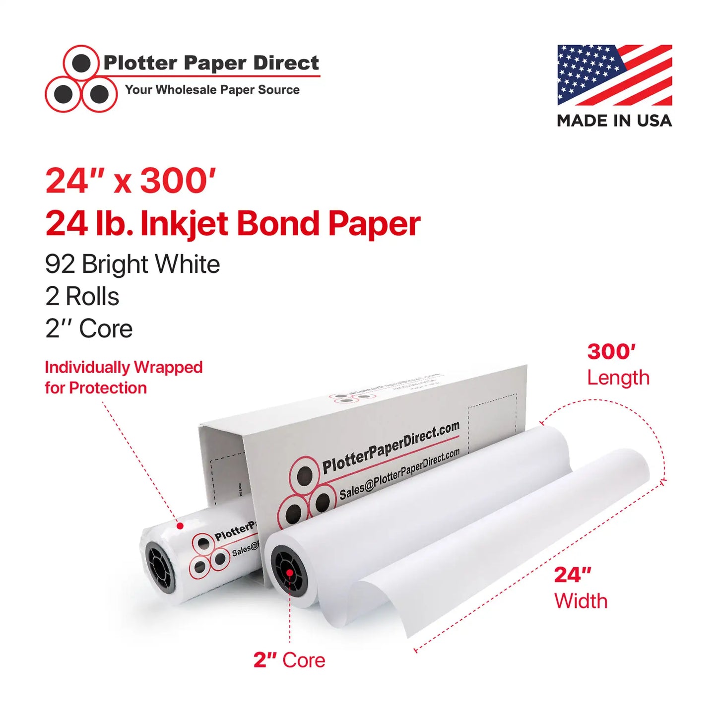 (2) 24'' x 300' Rolls - 24# Plotter Paper - 2'' Core