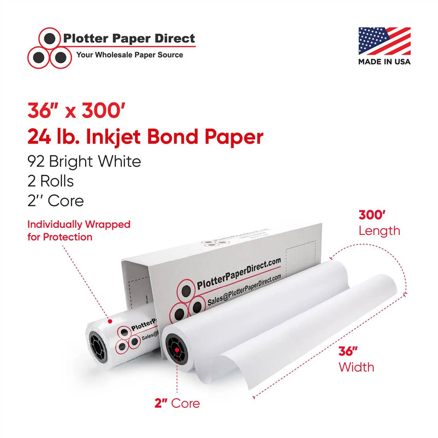 (2) 36'' x 300' Rolls - 24# Plotter Paper - 2'' Core