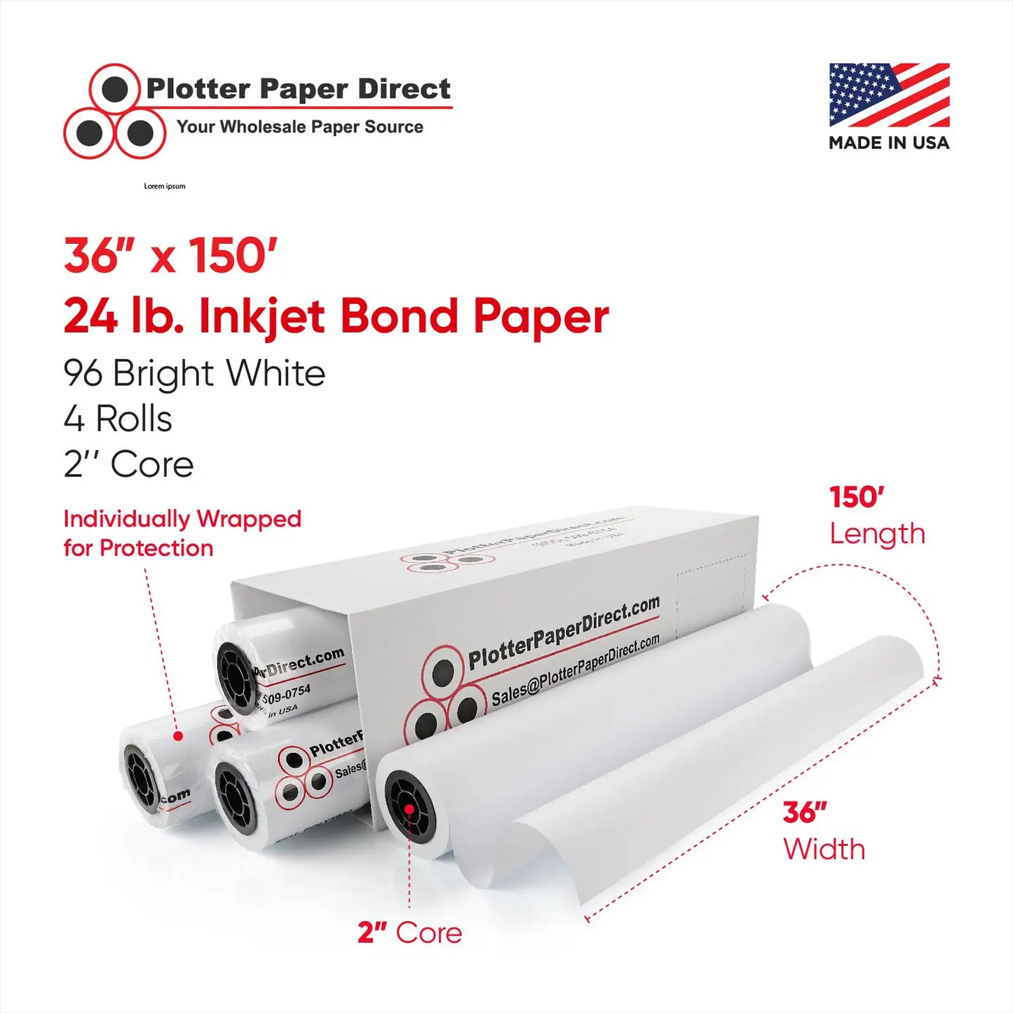 (4) 36'' x 150' Rolls - 24# Plotter Paper - 2'' Core