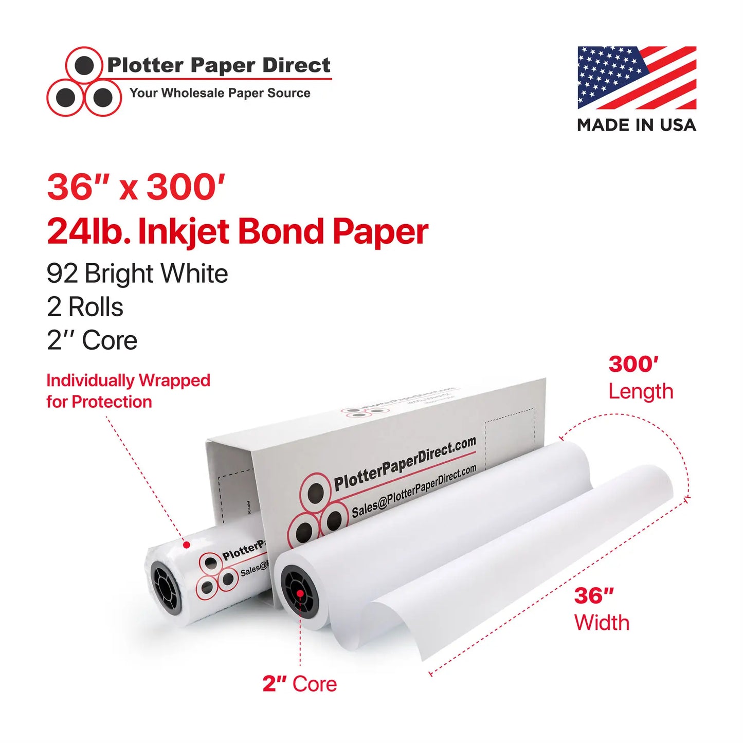 (2) 36'' x 300' Rolls - 24# Coated Bond - 2'' Core