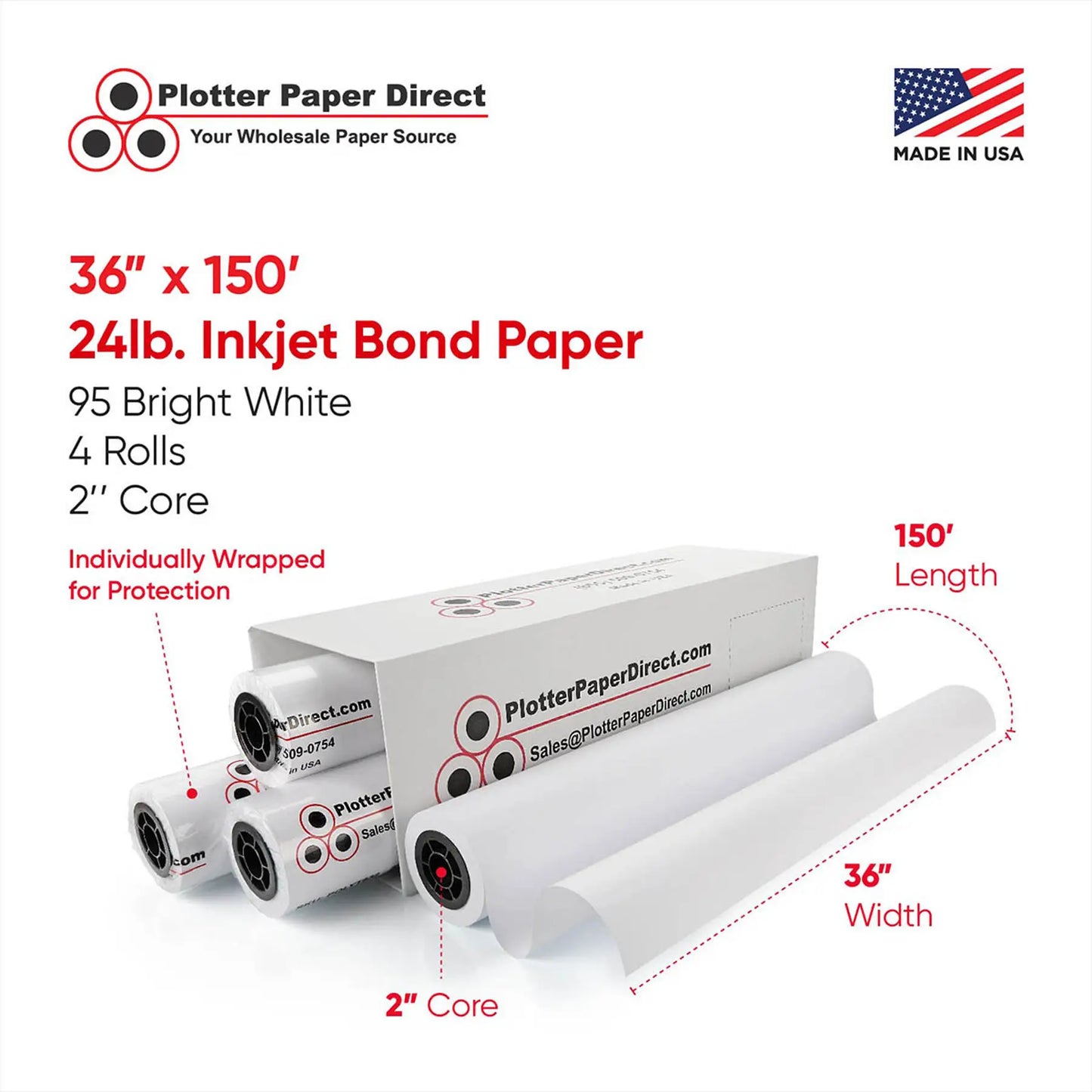 (4) 36'' x 150' Rolls - 24# Coated Bond - 2'' Core
