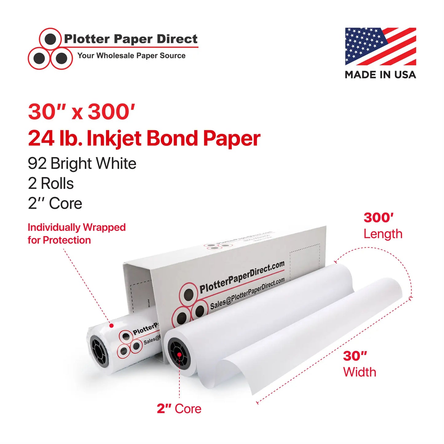 (2) 30'' x 300' Rolls - 24# Coated Bond - 2'' Core