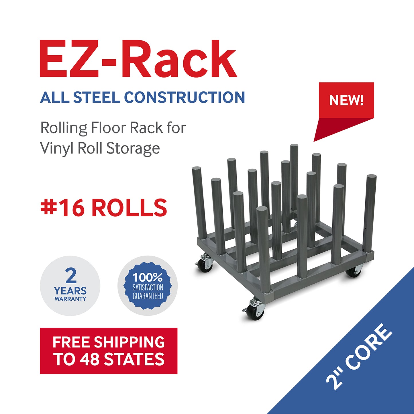 Rolling Floor Rack for Vinyl Roll Storage - Heavy Duty - 16 Spindles - 2'' Core