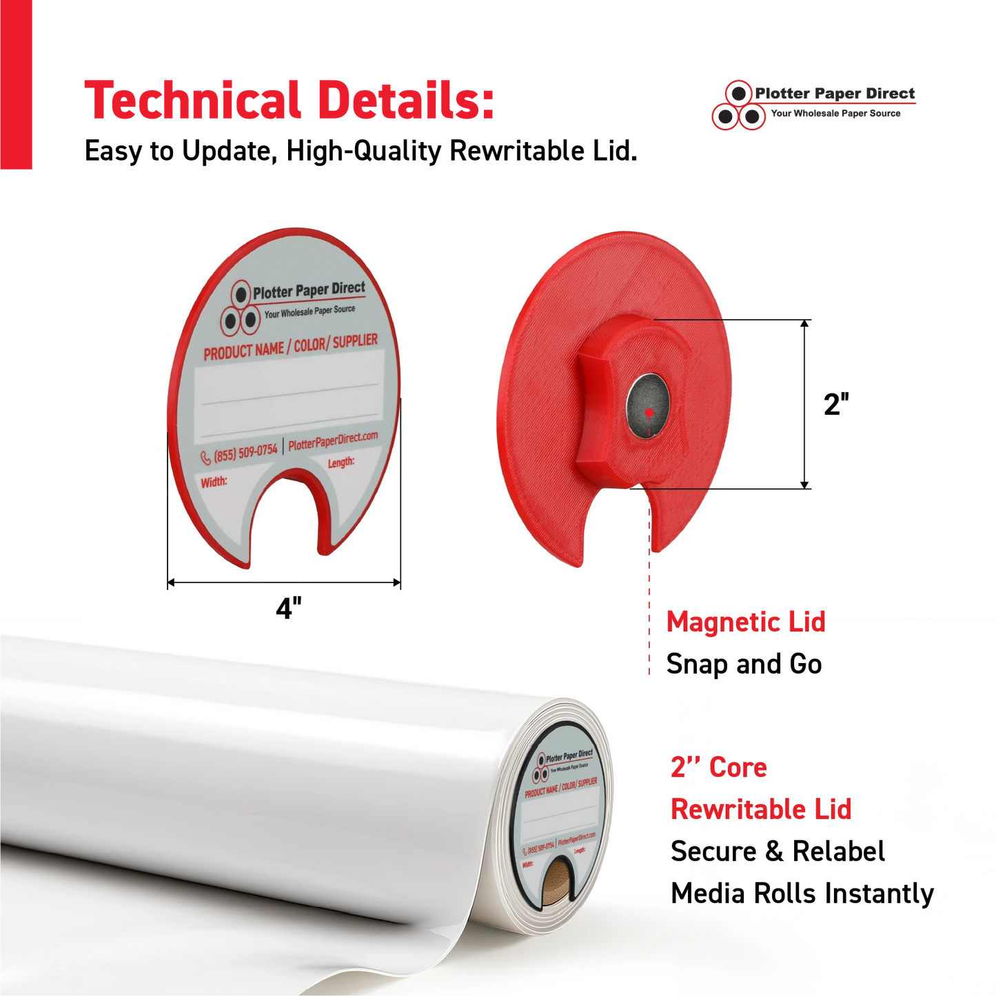 2" Core Rewritable Red Lid for Media Rolls