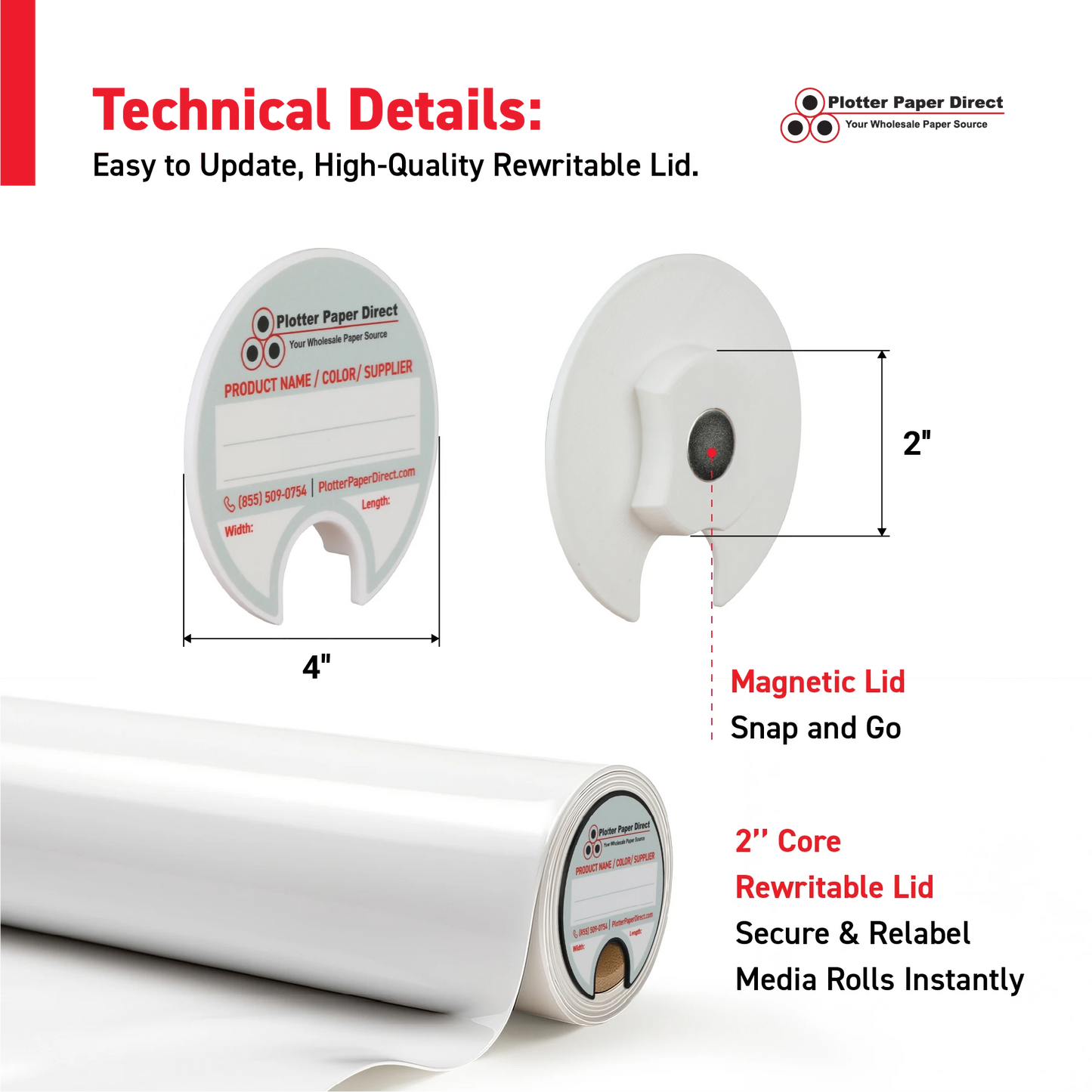 2" Core Rewritable White Lid for Media Rolls