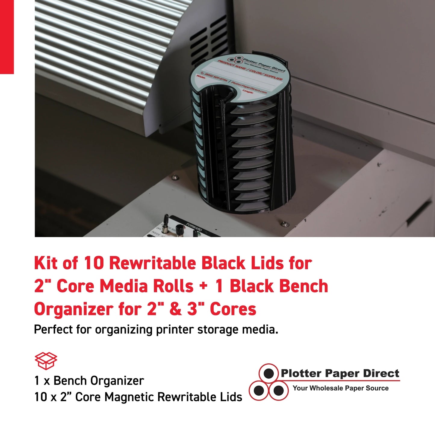 Kit of 10 Rewritable Black Lids for 2" Core Media Rolls + 1 Black Bench Organizer for 2" & 3" Cores – Durable Storage & Organization for Print Shops and Studios