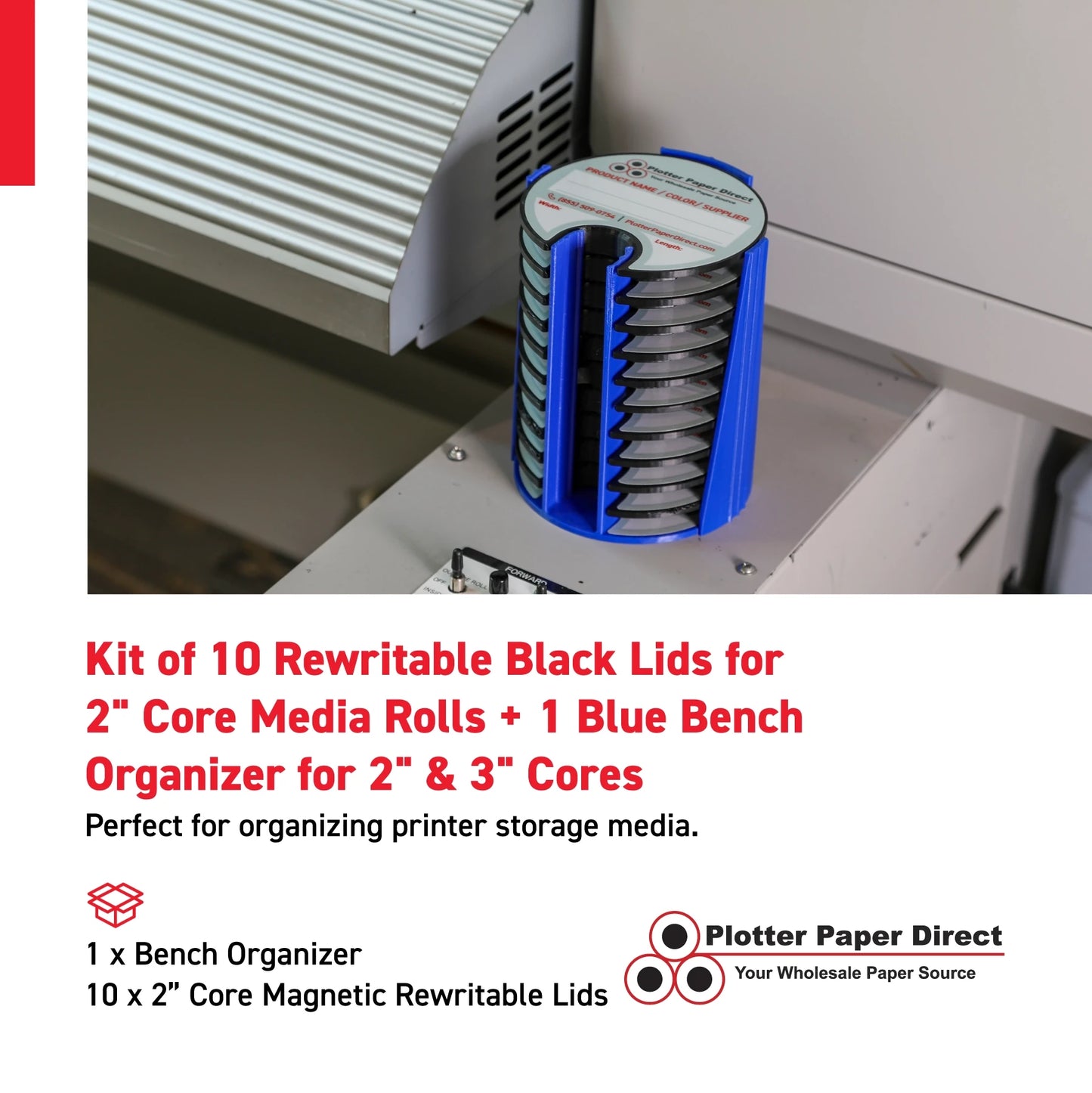 Kit of 10 Rewritable Black Lids for 2" Core Media Rolls + 1 Blue Bench Organizer for 2" & 3" Cores – Durable Storage & Organization for Print Shops and Studios