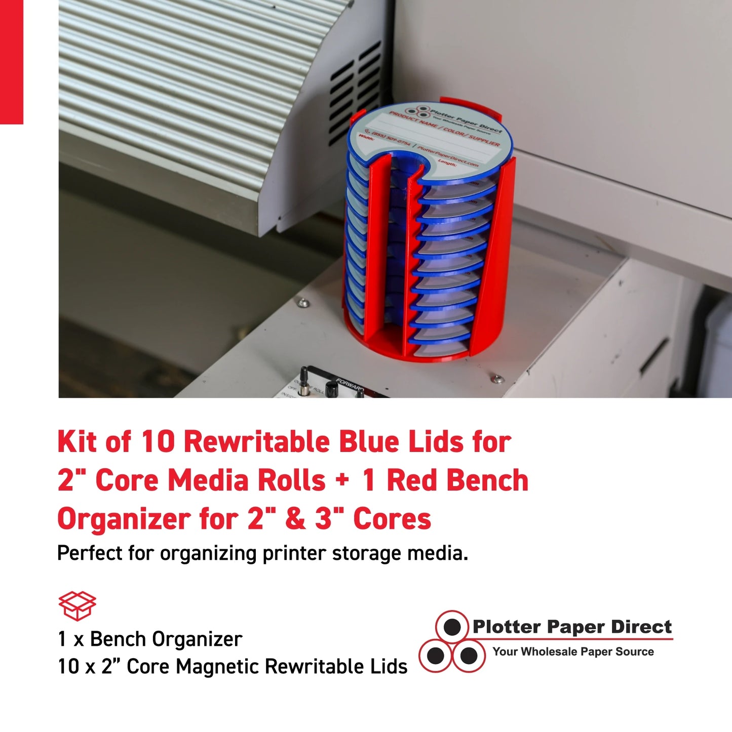 Kit of 10 Rewritable Blue Lids for 2" Core Media Rolls + 1 Blue Bench Organizer for 2" & 3" Cores – Durable Storage & Organization for Print Shops and Studios