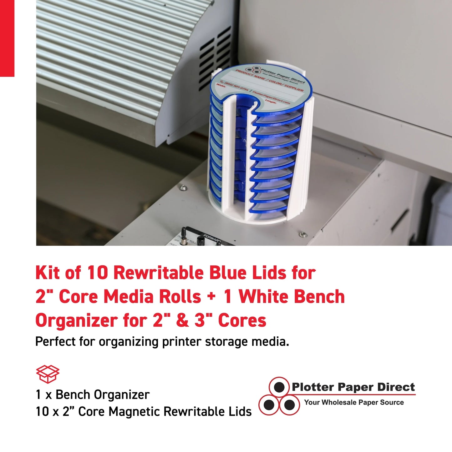 Kit of 10 Rewritable Blue Lids for 2" Core Media Rolls + 1 White Bench Organizer for 2" & 3" Cores – Durable Storage & Organization for Print Shops and Studios