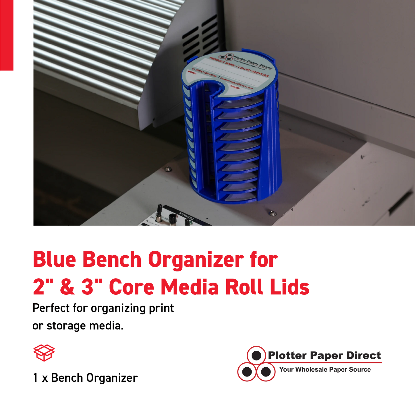 Blue Bench Organizer for 2" & 3" Core Media Roll Lids – Durable & Space-Saving