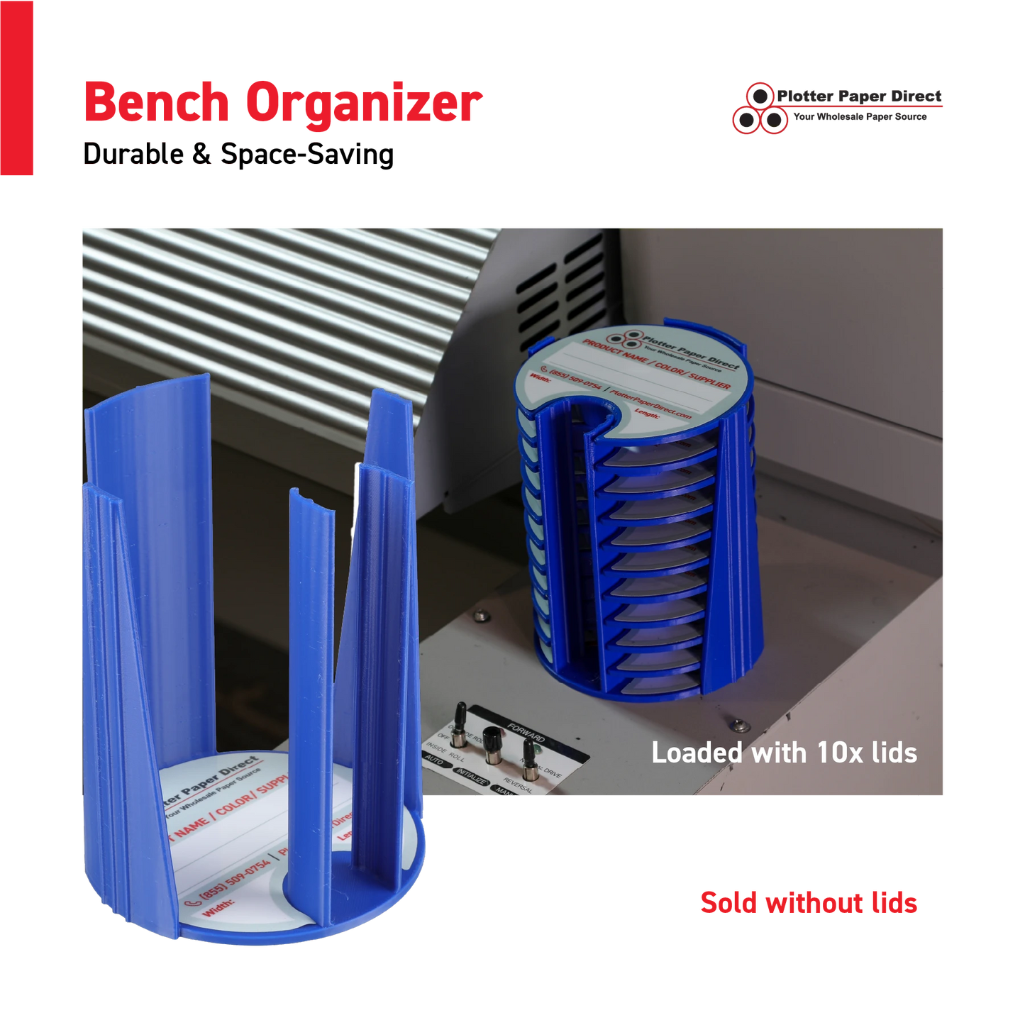 Blue Bench Organizer for 2" & 3" Core Media Roll Lids – Durable & Space-Saving