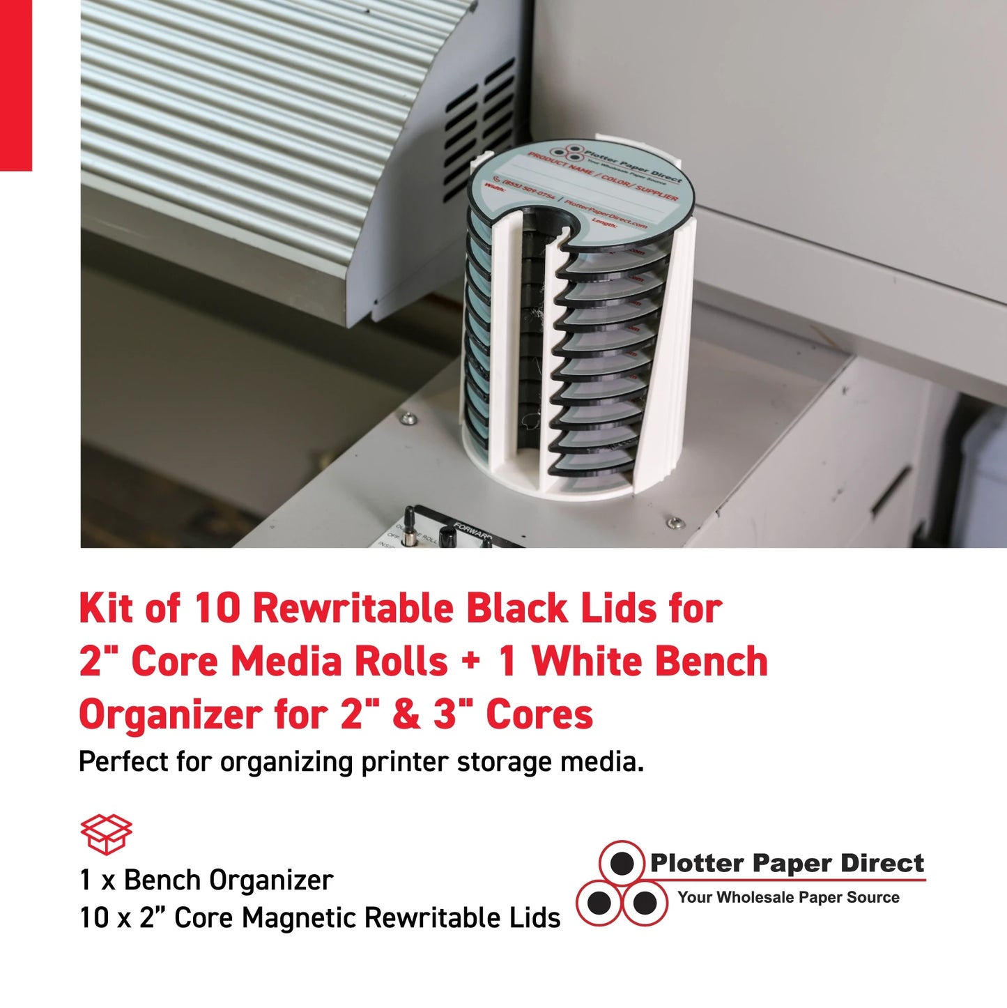 Kit of 10 Rewritable Black Lids for 2" Core Media Rolls + 1 White Bench Organizer for 2" & 3" Cores – Durable Storage & Organization for Print Shops and Studios