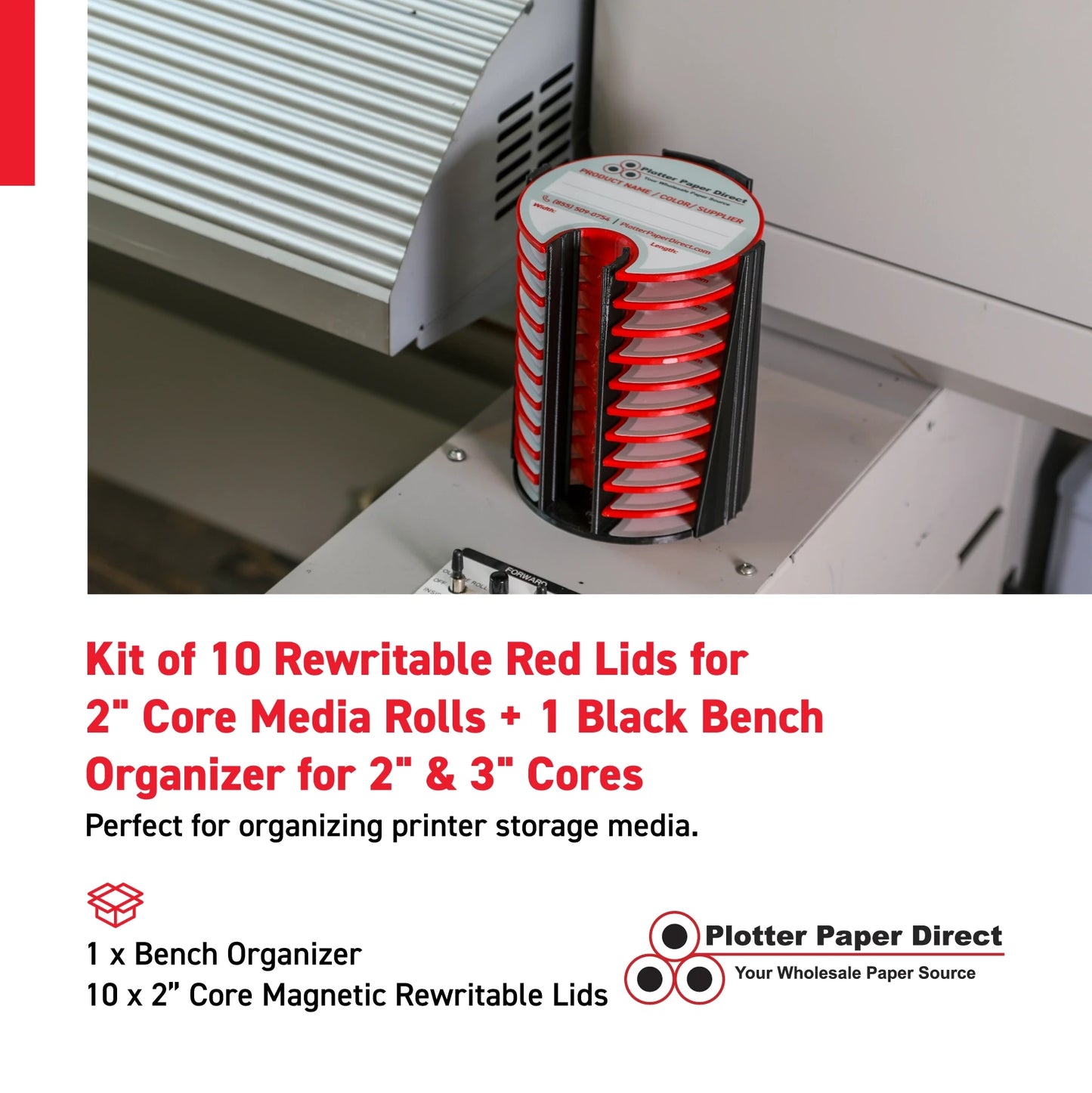 Kit of 10 Rewritable Red Lids for 2" Core Media Rolls + 1 Black Bench Organizer for 2" & 3" Cores – Durable Storage & Organization for Print Shops and Studios