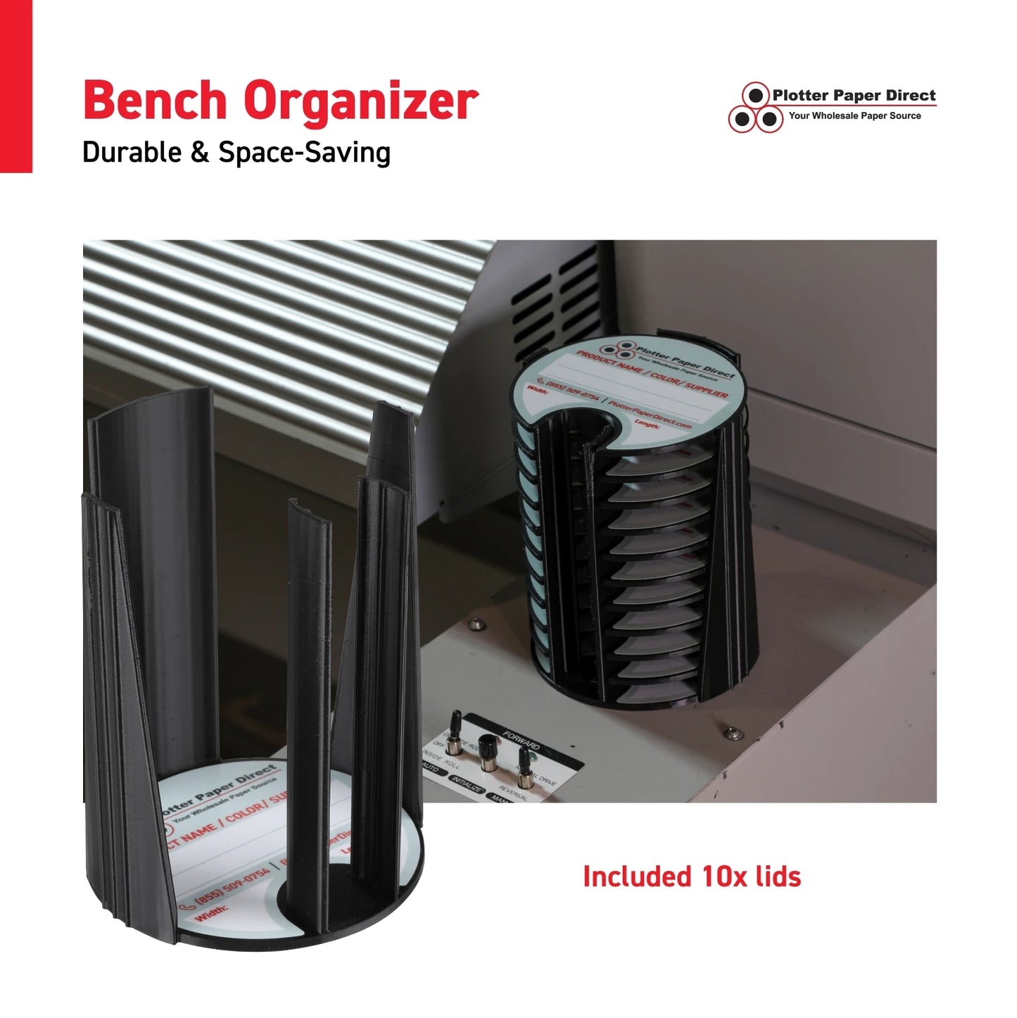 Kit of 10 Rewritable Red Lids for 2" Core Media Rolls + 1 Black Bench Organizer for 2" & 3" Cores – Durable Storage & Organization for Print Shops and Studios