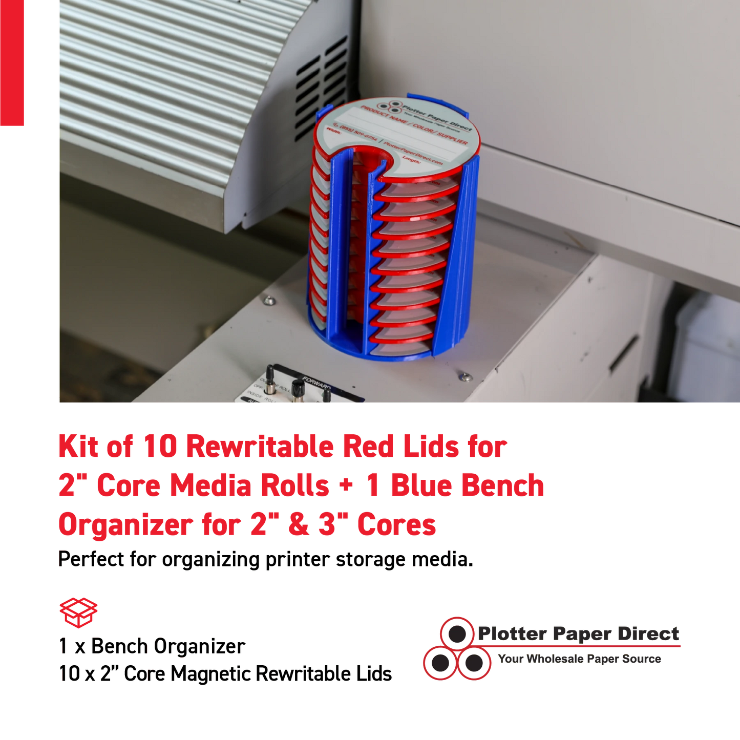 Kit of 10 Rewritable Red Lids for 2" Core Media Rolls + 1 Blue Bench Organizer for 2" & 3" Cores – Durable Storage & Organization for Print Shops and Studios