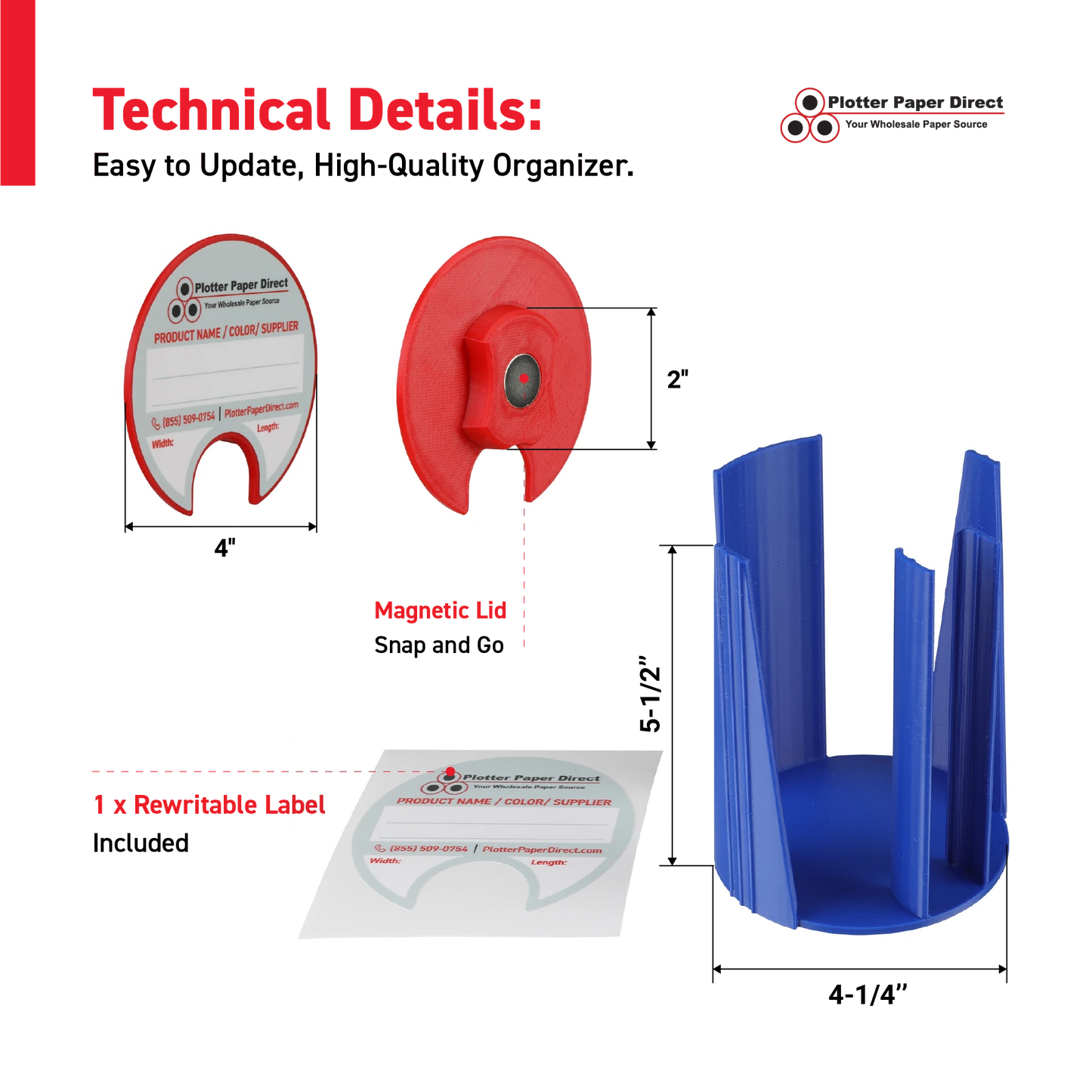 Kit of 10 Rewritable Red Lids for 2" Core Media Rolls + 1 Blue Bench Organizer for 2" & 3" Cores – Durable Storage & Organization for Print Shops and Studios