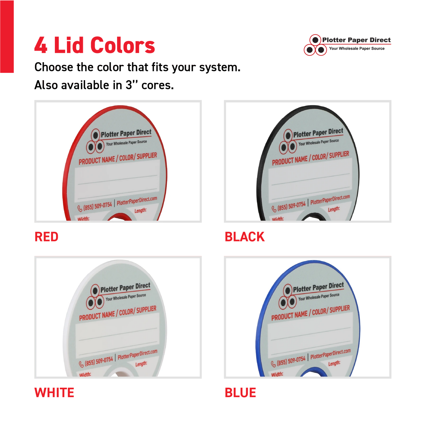 Kit of 10 Rewritable Red Lids for 2" Core Media Rolls + 1 Blue Bench Organizer for 2" & 3" Cores – Durable Storage & Organization for Print Shops and Studios