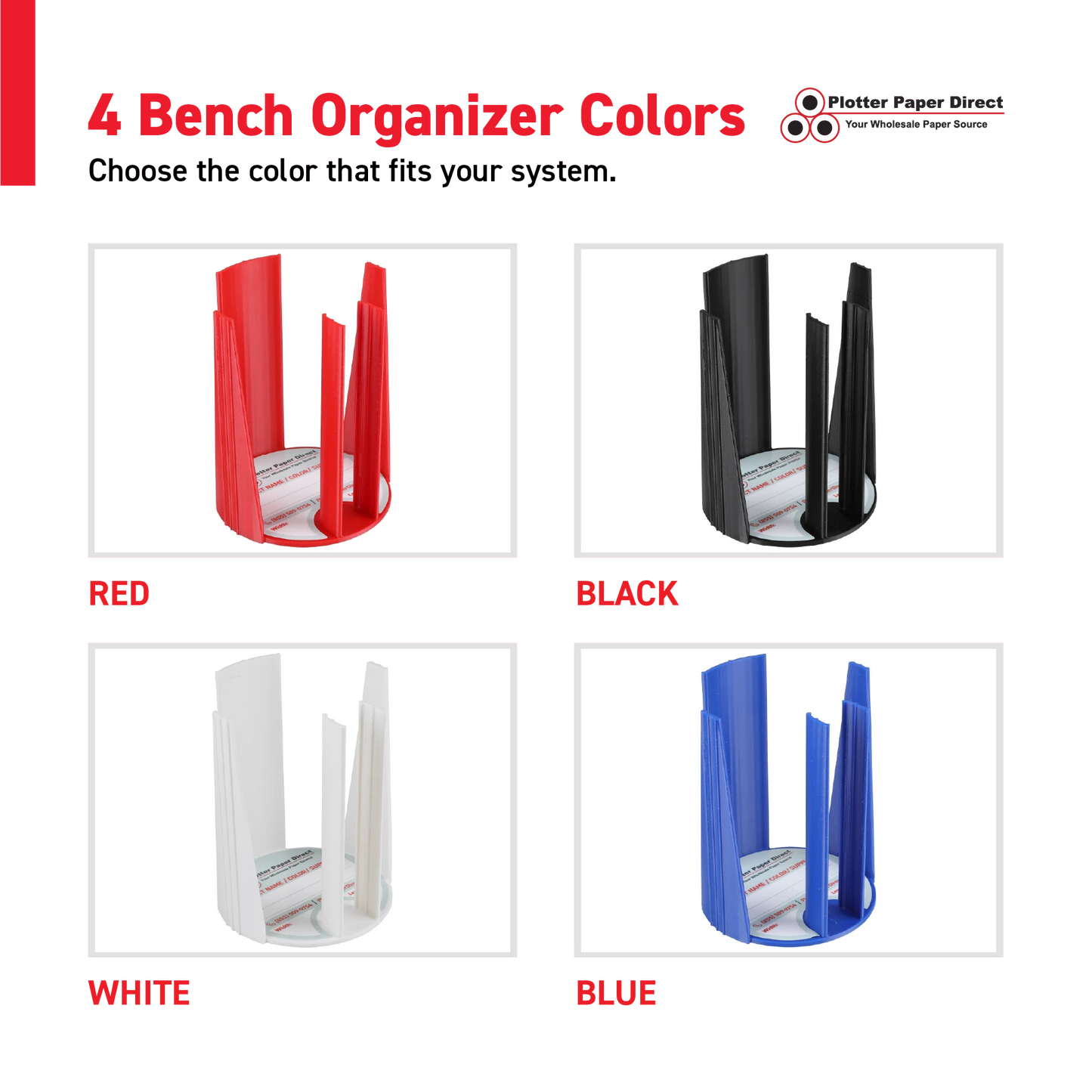 Kit of 10 Rewritable Red Lids for 2" Core Media Rolls + 1 Blue Bench Organizer for 2" & 3" Cores – Durable Storage & Organization for Print Shops and Studios