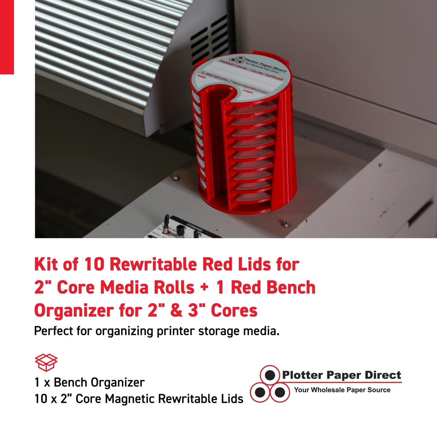 Kit of 10 Rewritable Red Lids for 2" Core Media Rolls + 1 Red Bench Organizer for 2" & 3" Cores – Durable Storage & Organization for Print Shops and Studios