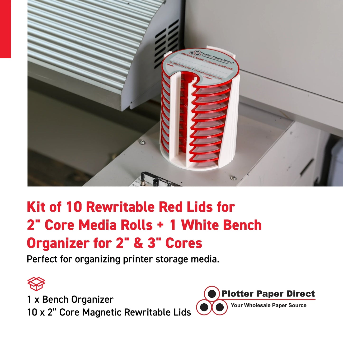 Kit of 10 Rewritable Red Lids for 2" Core Media Rolls + 1 White Bench Organizer for 2" & 3" Cores – Durable Storage & Organization for Print Shops and Studios
