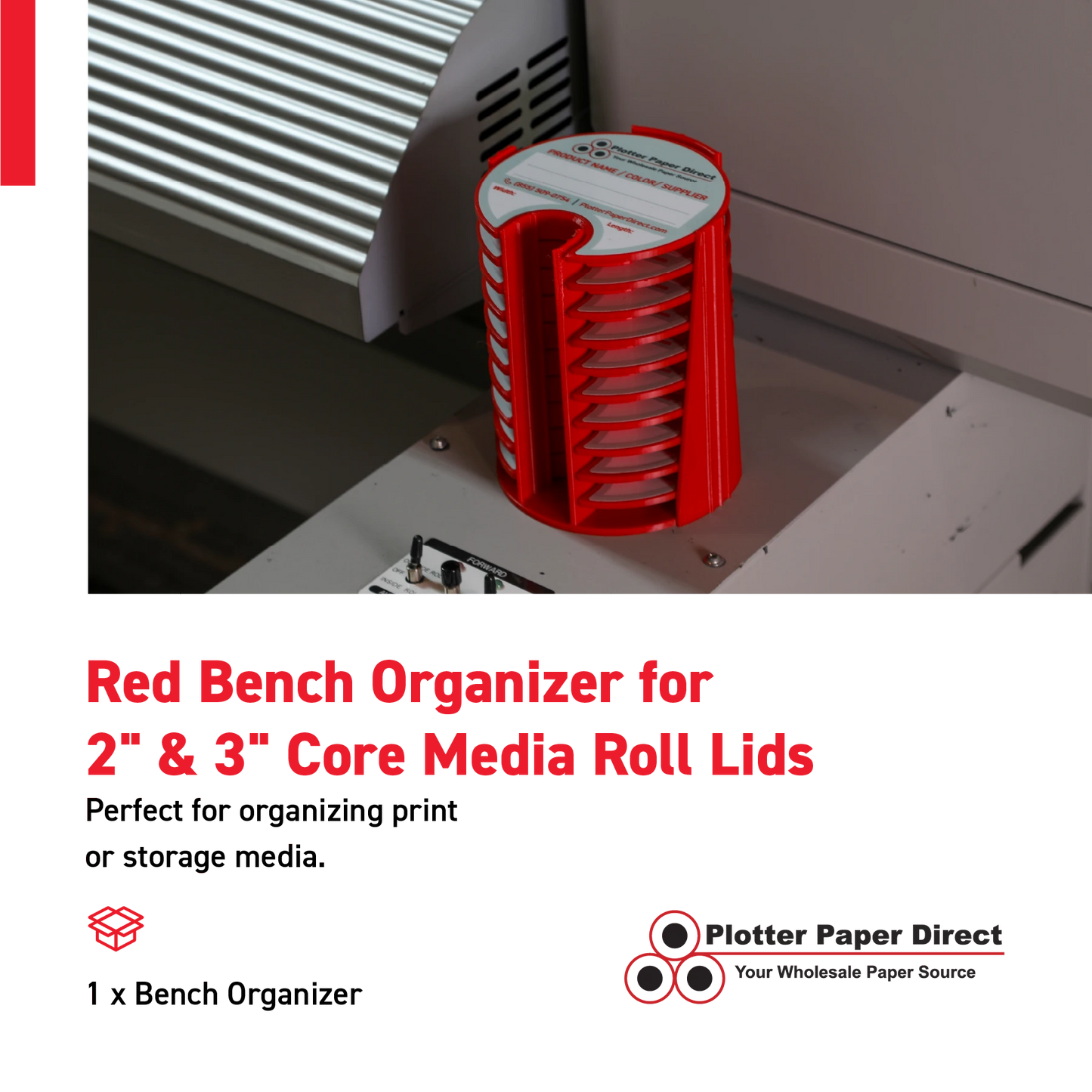 Red Bench Organizer for 2" & 3" Core Media Roll Lids – Durable & Space-Saving