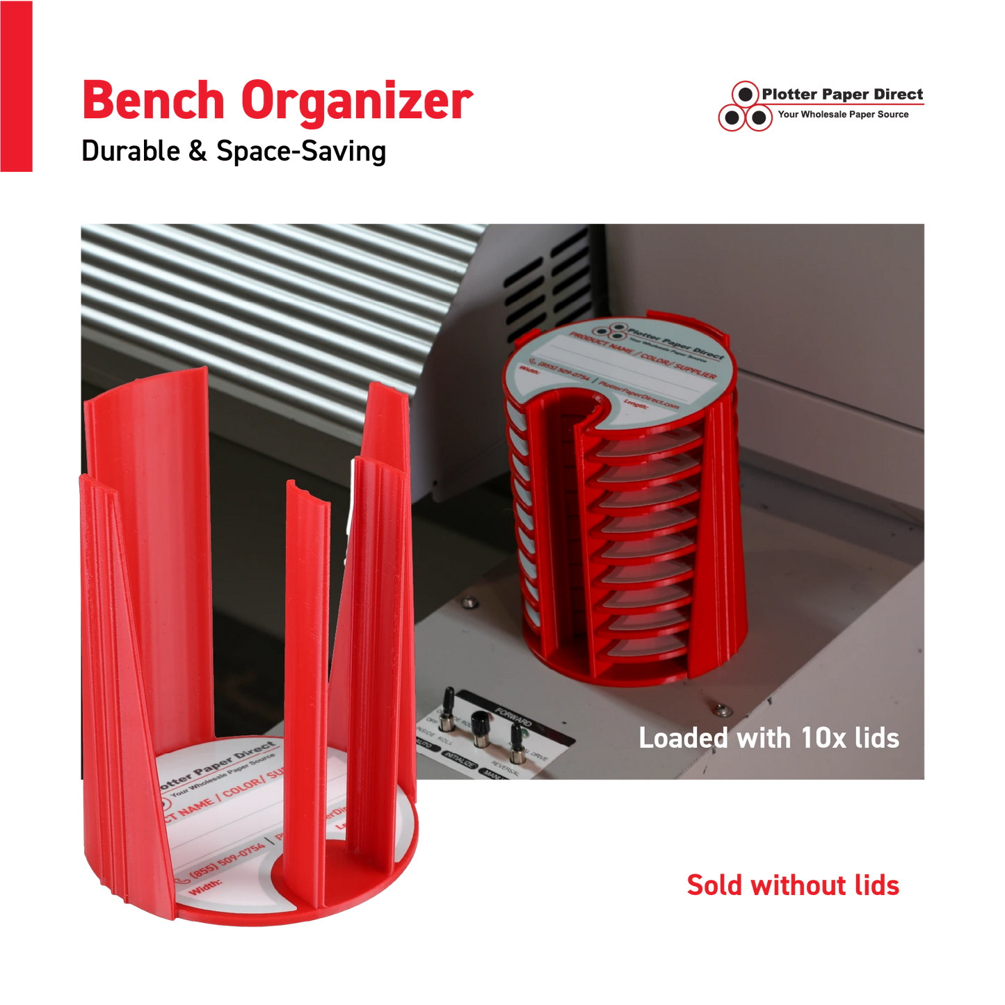 Red Bench Organizer for 2" & 3" Core Media Roll Lids – Durable & Space-Saving