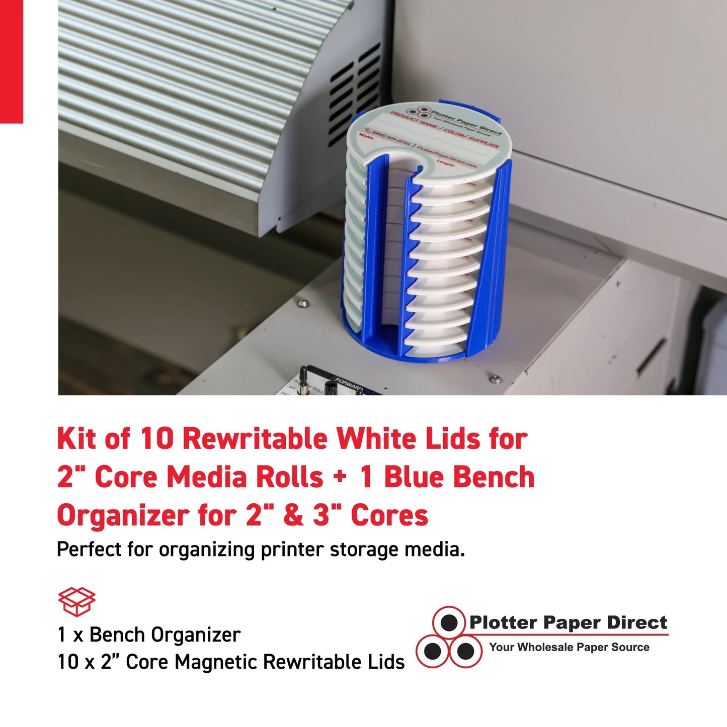 Kit of 10 Rewritable White Lids for 2" Core Media Rolls + 1 Blue Bench Organizer for 2" & 3" Cores – Durable Storage & Organization for Print Shops and Studios
