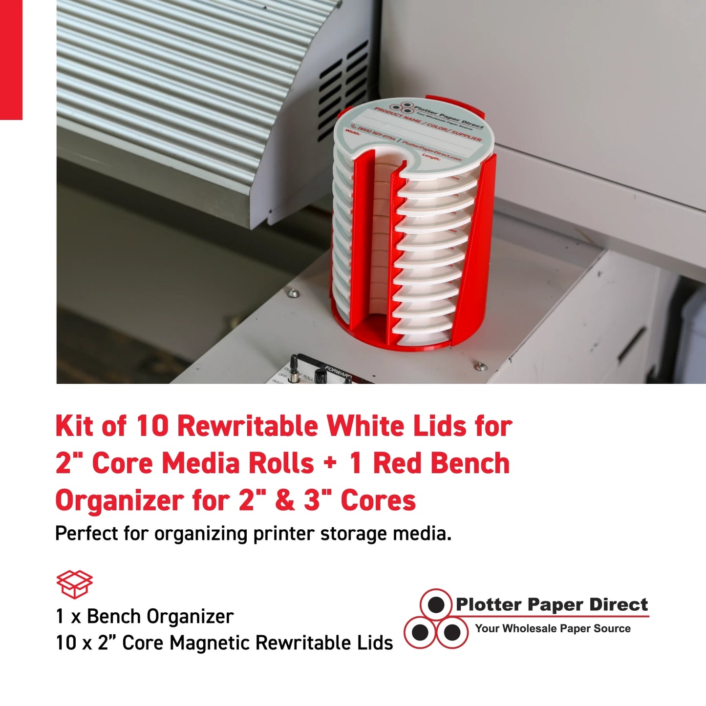 Kit of 10 Rewritable White Lids for 2" Core Media Rolls + 1 Red Bench Organizer for 2" & 3" Cores – Durable Storage & Organization for Print Shops and Studios