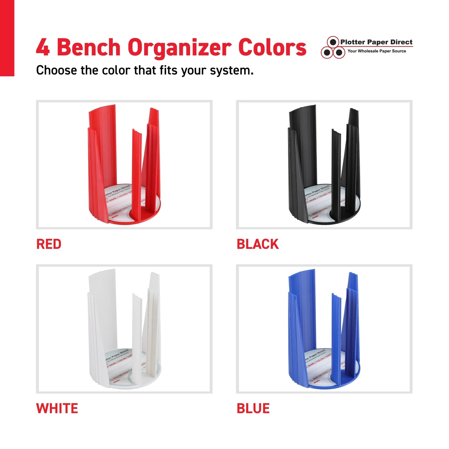 Kit of 10 Rewritable White Lids for 2" Core Media Rolls + 1 Red Bench Organizer for 2" & 3" Cores – Durable Storage & Organization for Print Shops and Studios