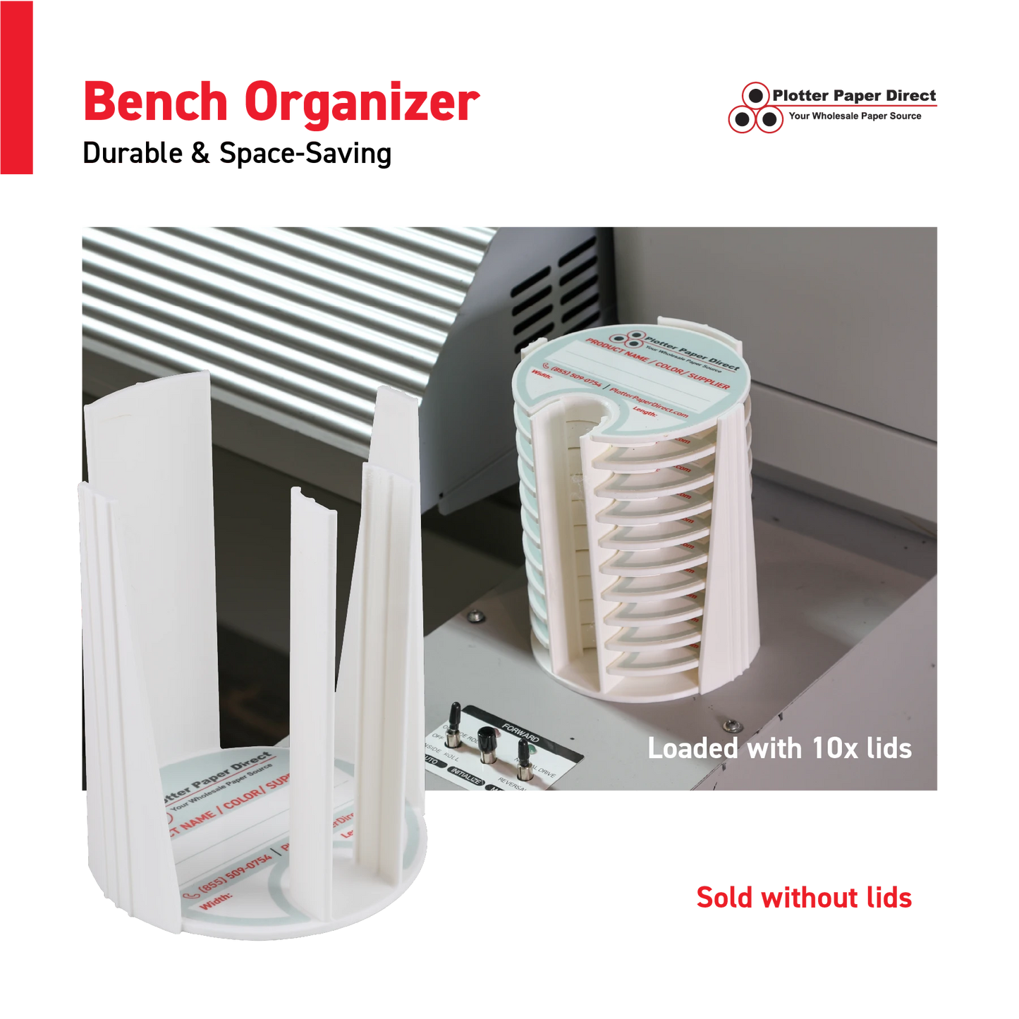 White Bench Organizer for 2" & 3" Core Media Roll Lids – Durable & Space-Saving