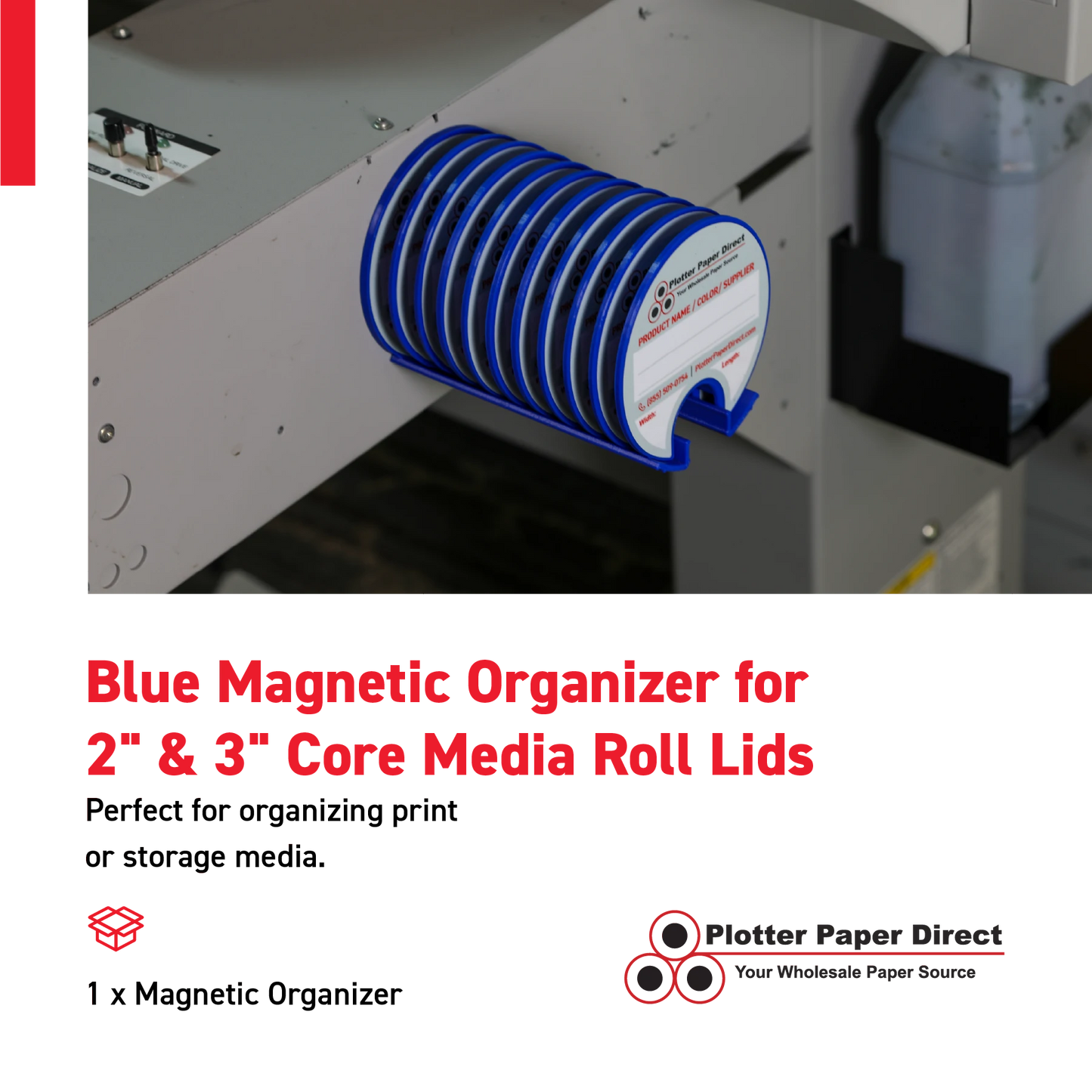 Blue Magnetic Wall Organizer for 2" & 3" Core Media Roll Lids – Space-Saving Storage for Print Shops, Vinyl Roll Accessories, Durable & Easy to Mount