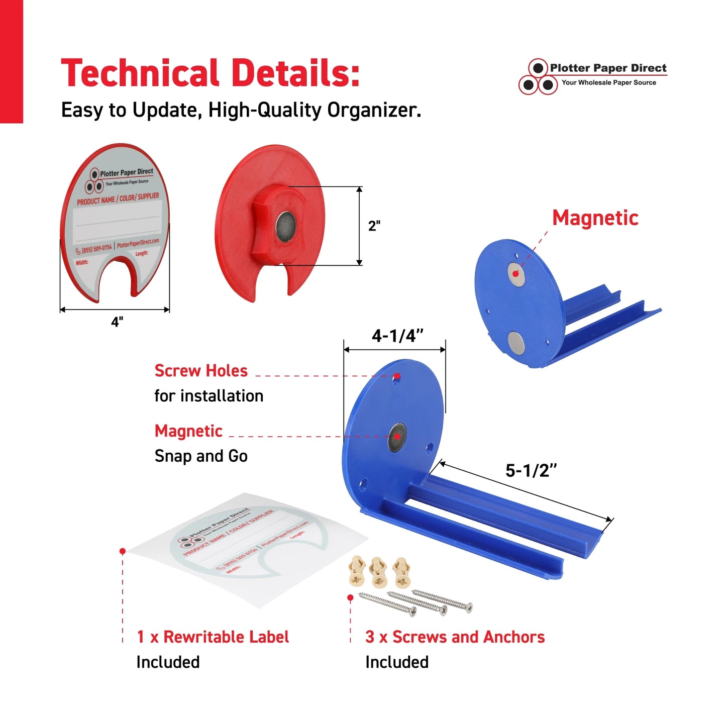 Kit of 10 Rewritable Red Lids for 2" Core Media Rolls + 1 Blue Magnetic Wall Organizer for 2" & 3" Cores – Durable Storage Solution for Print & Sign Shops