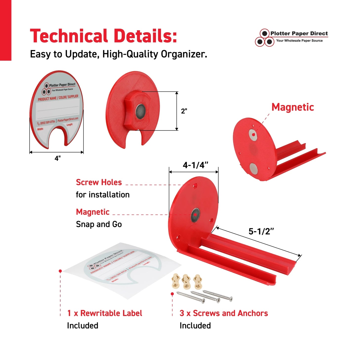 Kit of 10 Rewritable Red Lids for 2" Core Media Rolls + 1 Red Magnetic Wall Organizer for 2" & 3" Cores – Durable Storage Solution for Print & Sign Shops