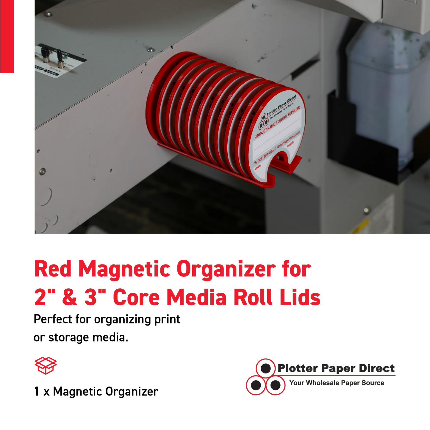 Red Magnetic Wall Organizer for 2" & 3" Core Media Roll Lids – Space-Saving Storage for Print Shops, Vinyl Roll Accessories, Durable & Easy to Mount