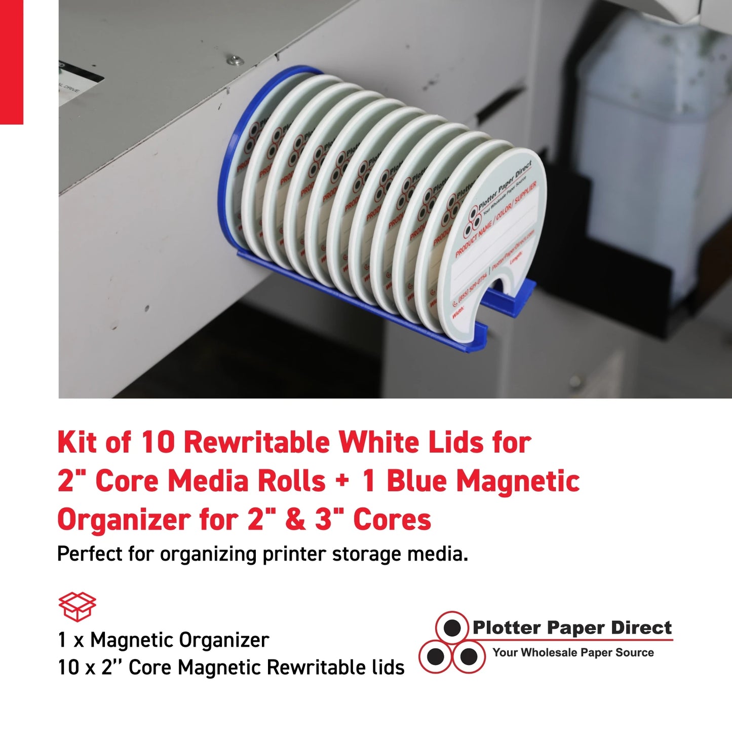 Kit of 10 Rewritable White Lids for 2" Core Media Rolls + 1 Blue Magnetic Wall Organizer for 2" & 3" Cores – Durable Storage Solution for Print & Sign Shops