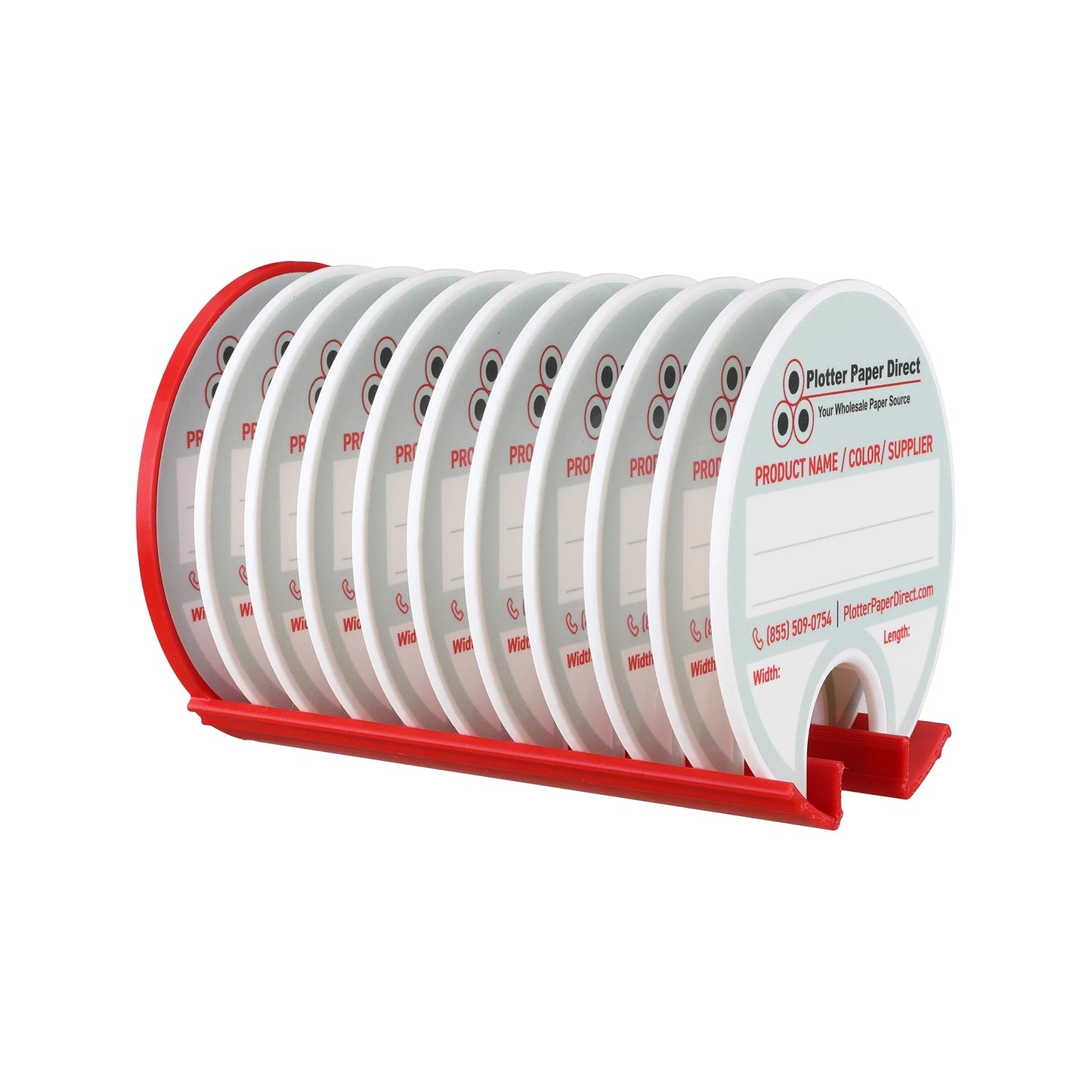 Kit of 10 Rewritable White Lids for 2" Core Media Rolls + 1 Red Magnetic Wall Organizer for 2" & 3" Cores – Durable Storage Solution for Print & Sign Shops