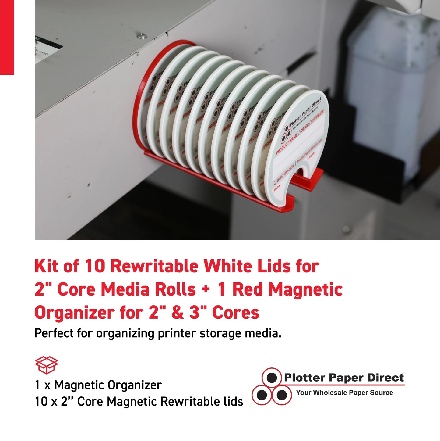 Kit of 10 Rewritable White Lids for 2" Core Media Rolls + 1 Red Magnetic Wall Organizer for 2" & 3" Cores – Durable Storage Solution for Print & Sign Shops