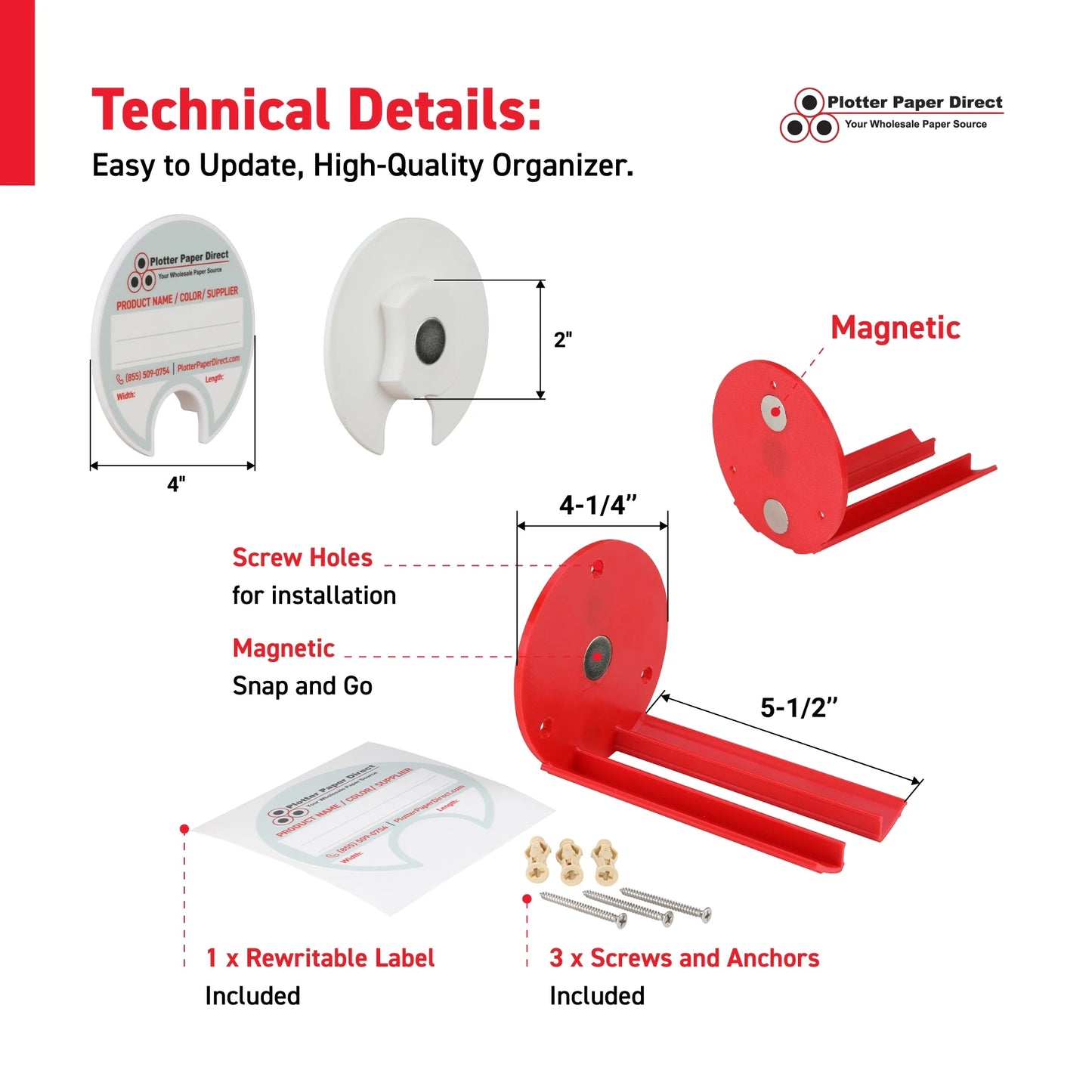 Kit of 10 Rewritable White Lids for 2" Core Media Rolls + 1 Red Magnetic Wall Organizer for 2" & 3" Cores – Durable Storage Solution for Print & Sign Shops