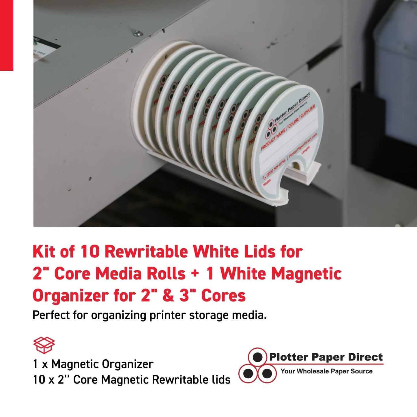 Kit of 10 Rewritable White Lids for 2" Core Media Rolls + 1 White Magnetic Wall Organizer for 2" & 3" Cores – Durable Storage Solution for Print & Sign Shops