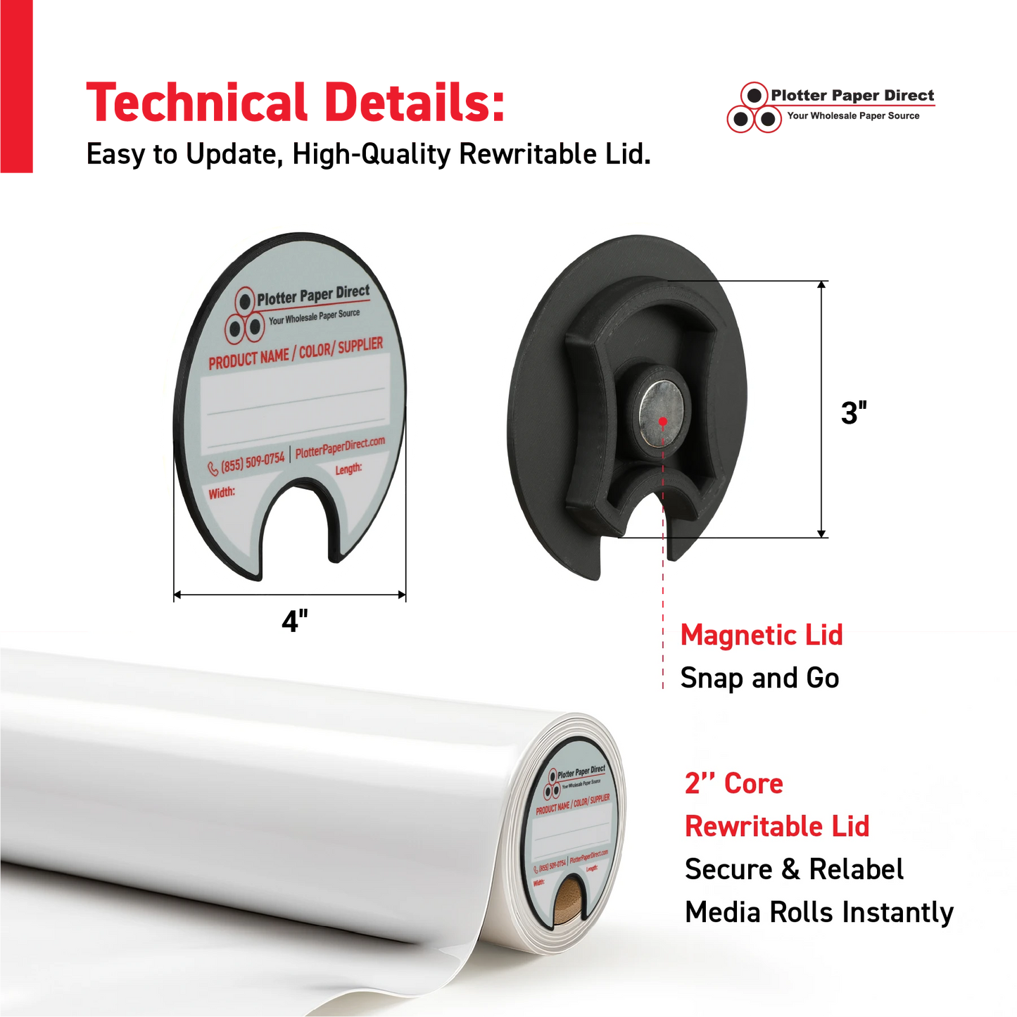 3" Core Rewritable Black Lid for Media Rolls